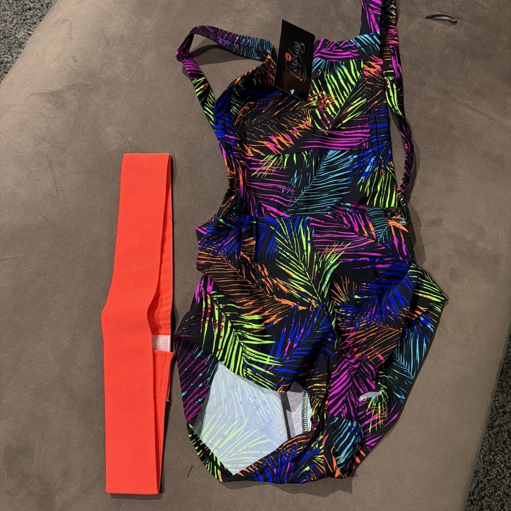 0083-85 Forplay Chilled Out Neon Palm Print Romper Orange Belt NWT Festival Rave